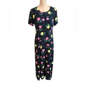 Dressing Clio Women’s Vintage 90s Black Pink Yellow Floral Dress Medium